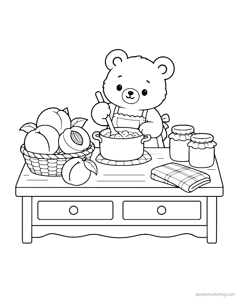 Bear in an apron stirring a pot beside a basket of peaches, two jars, and a folded towel.