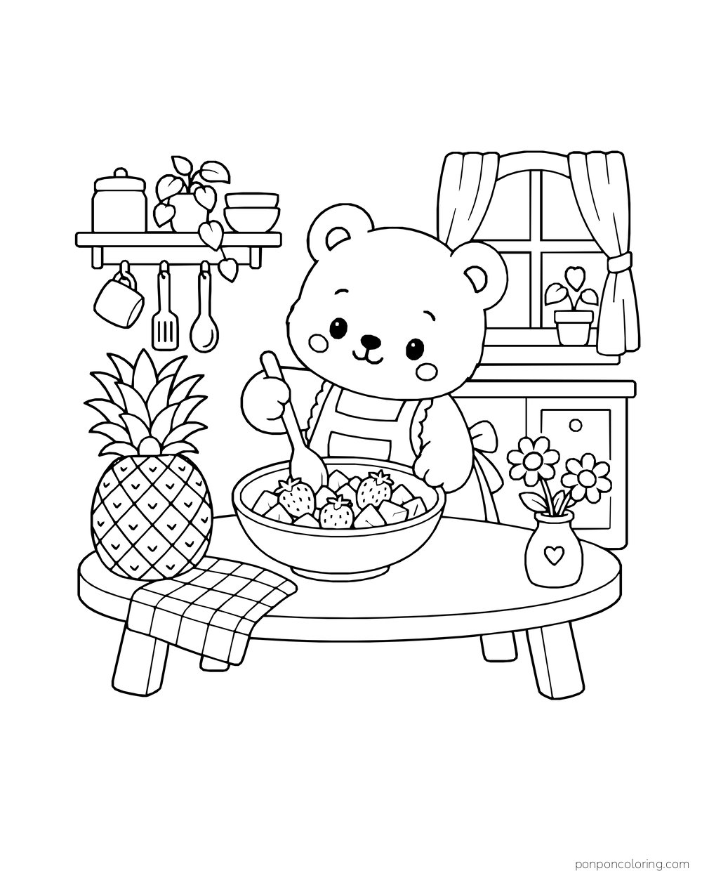 Bear in an apron stirring pineapple pieces and strawberries in a bowl beside a whole pineapple and flower vase.