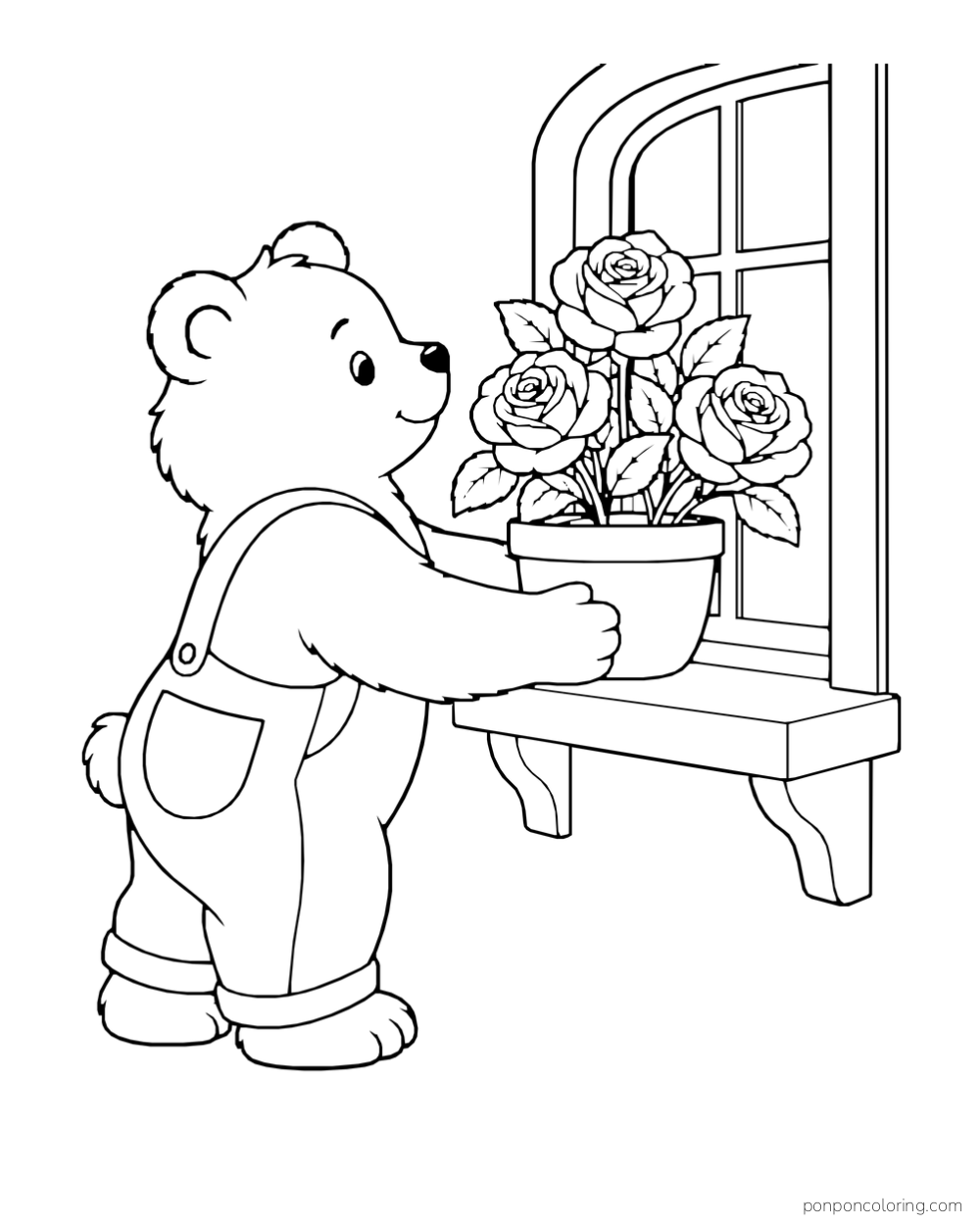 Little bear carrying a pot of roses toward an arched window and shelf.