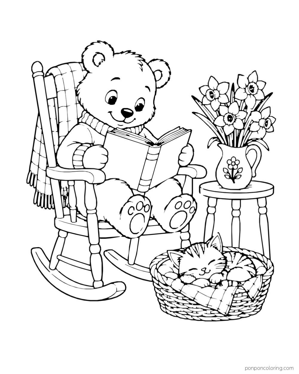 A bear reads in a rocking chair beside a pitcher of daffodils and a kitten curled in a basket.