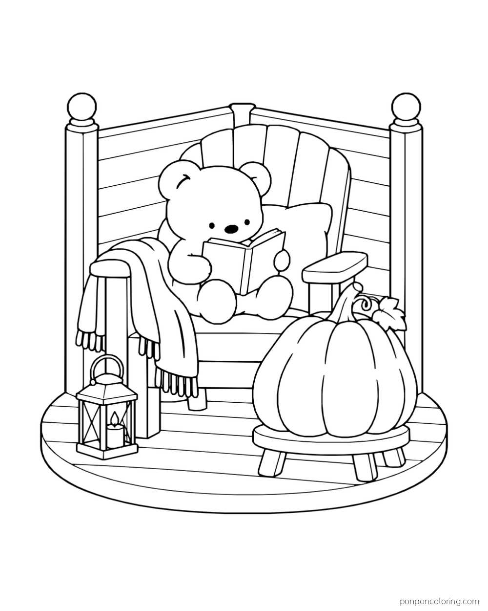 A bear reading in a porch chair beside a large pumpkin on a stool and a lantern.