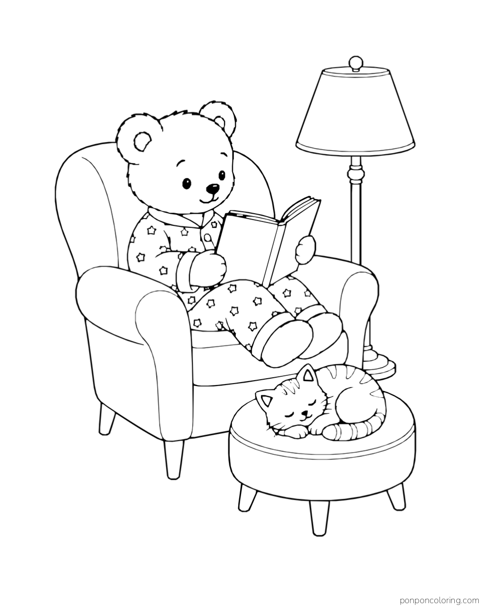 A bear in star-patterned pajamas reads in an armchair beside a lamp while a cat sleeps on a round footstool.