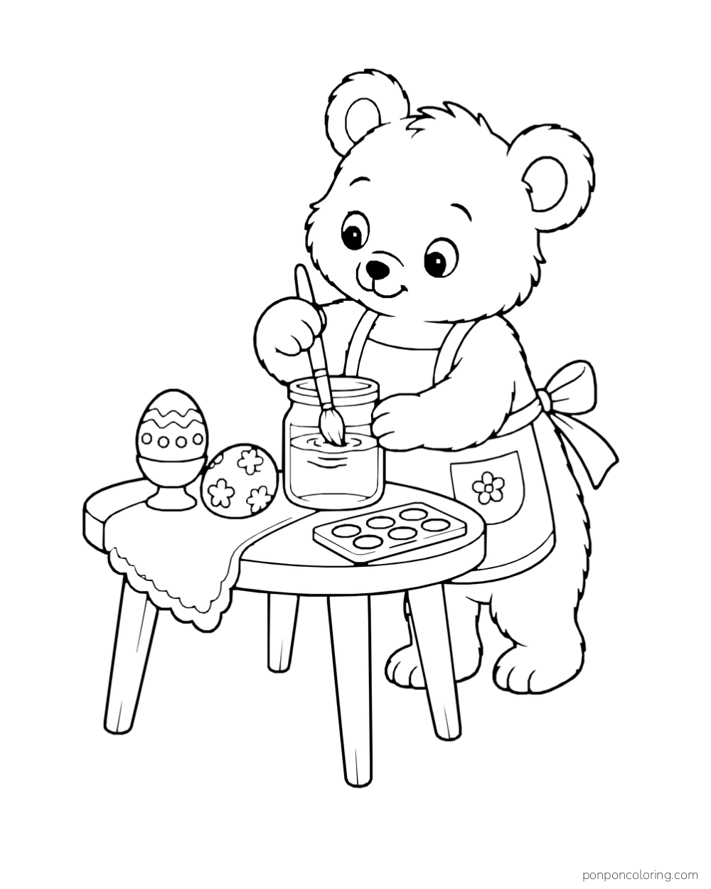 A bear in a flower-pocket apron rinses a brush in a jar beside painted Easter eggs and a paint palette.