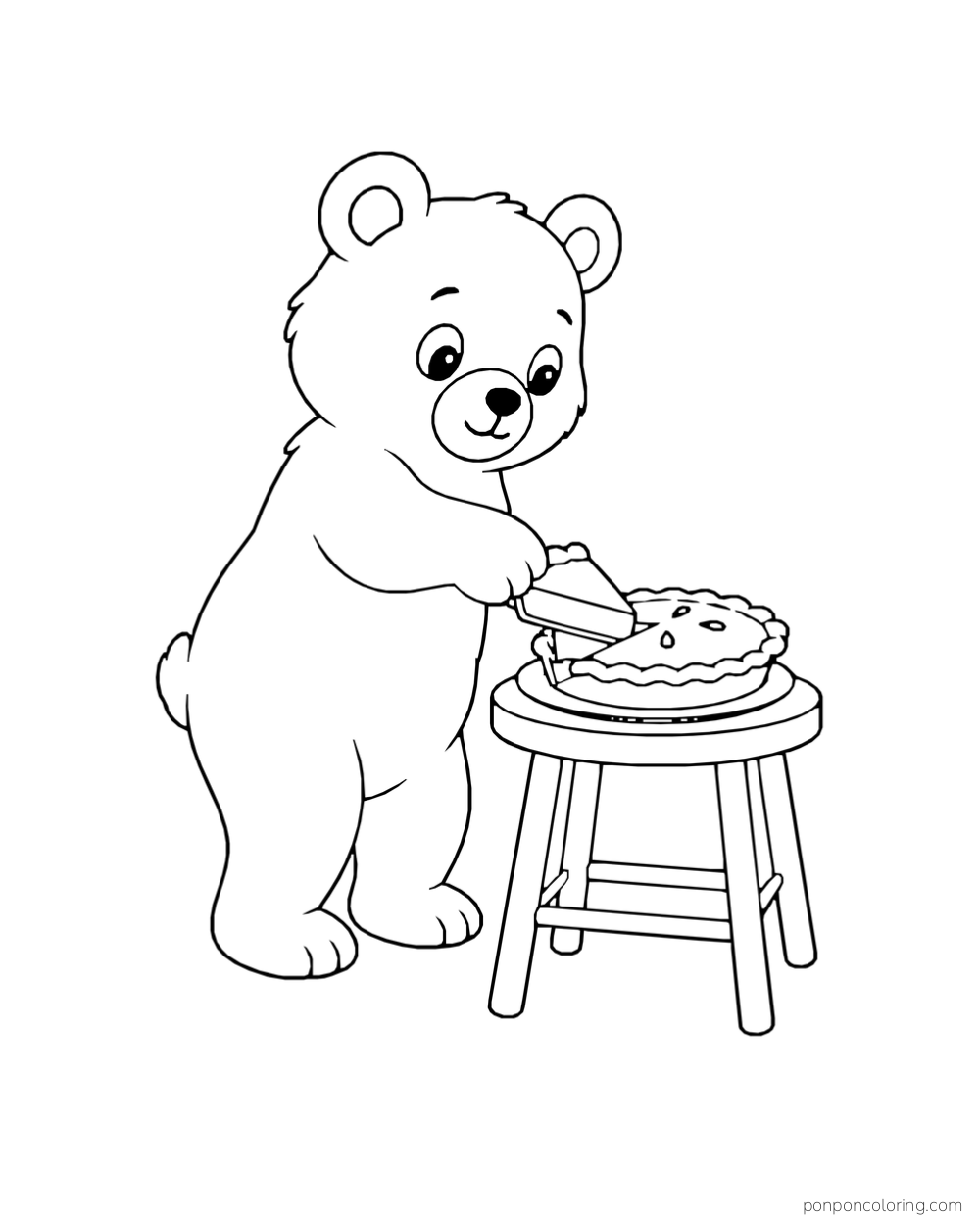 A bear lifts a slice from a pie resting on a wooden stool.