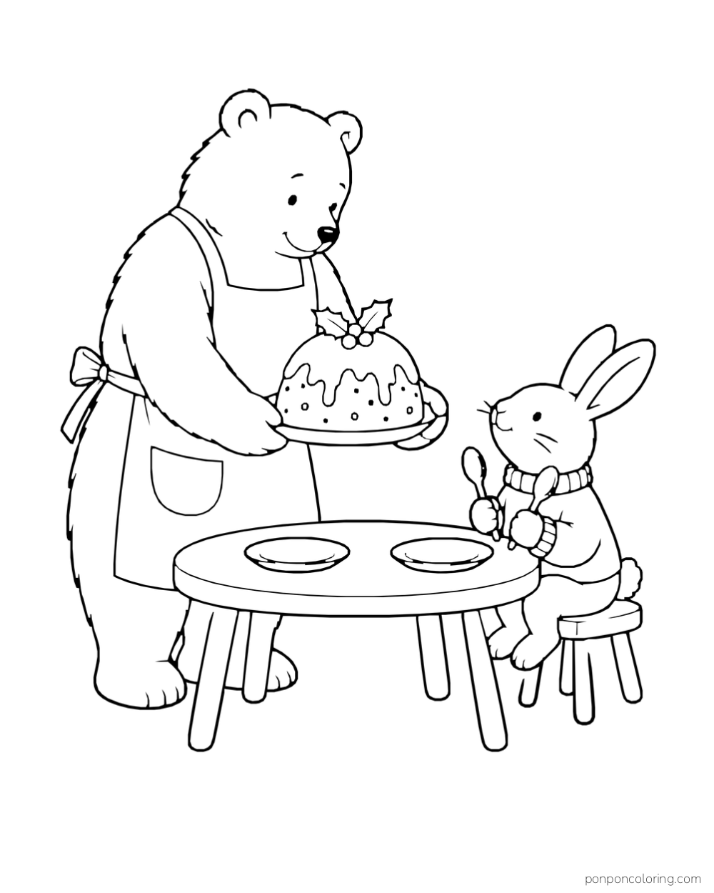 A bear in an apron carries a holly-topped pudding while a rabbit holds two spoons at a table.