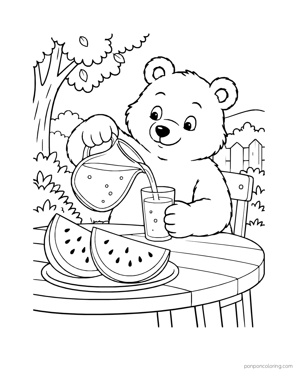 A bear pouring watermelon juice into a cup at an outdoor table with slices on a plate.