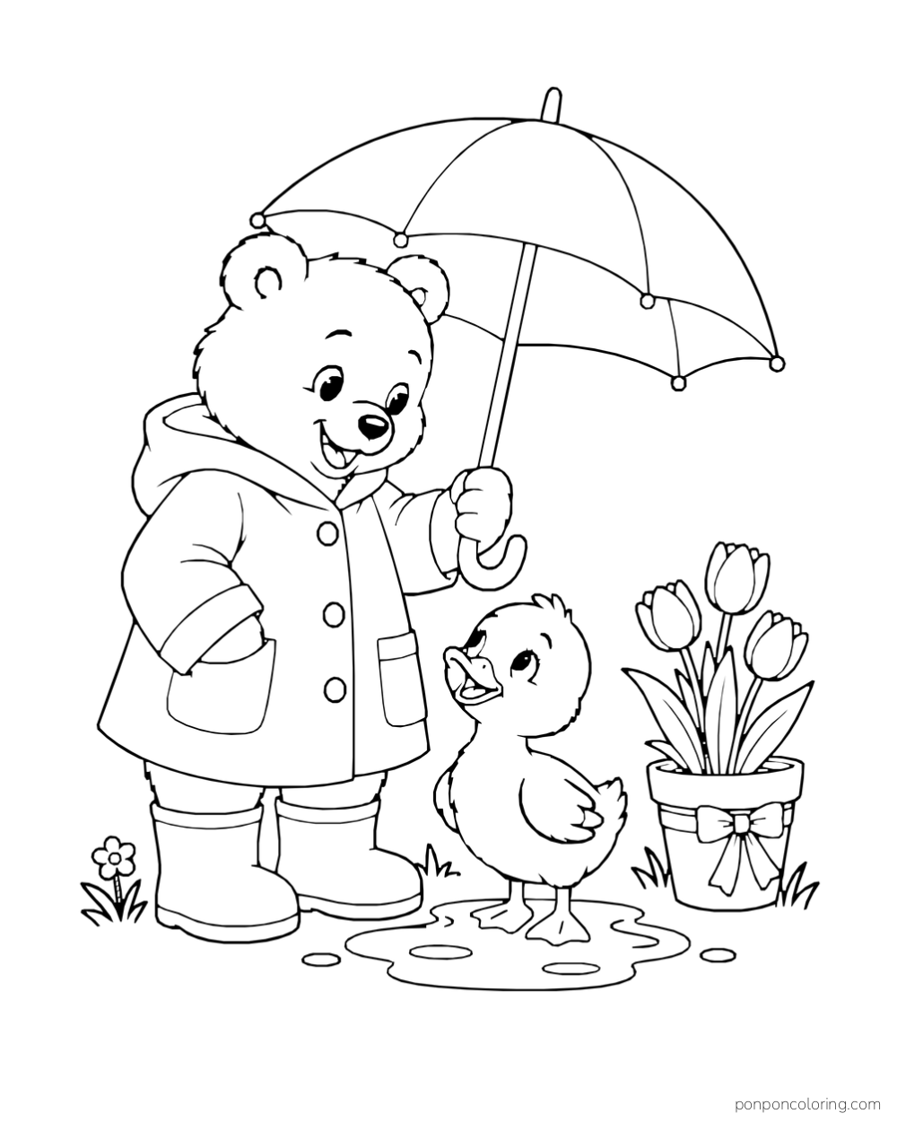 A bear in a raincoat holds an umbrella over a duckling beside a puddle and a pot of tulips.