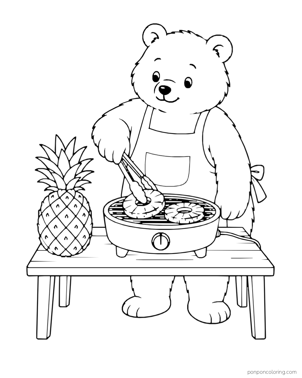 Bear using tongs over two pineapple rings on a small tabletop grill beside a whole fruit.
