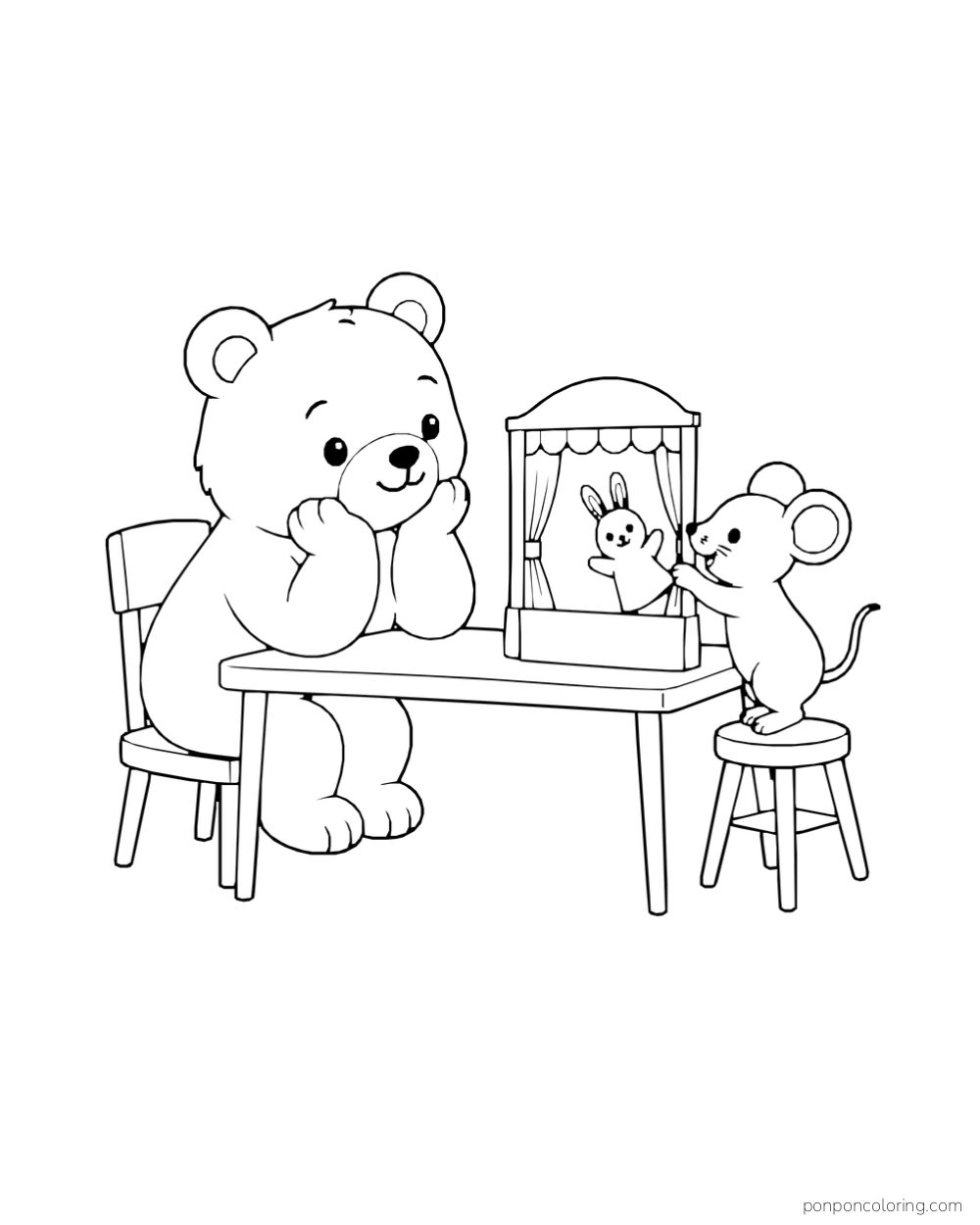 A bear watches a mouse perform with animal puppets in a small theater on a table.