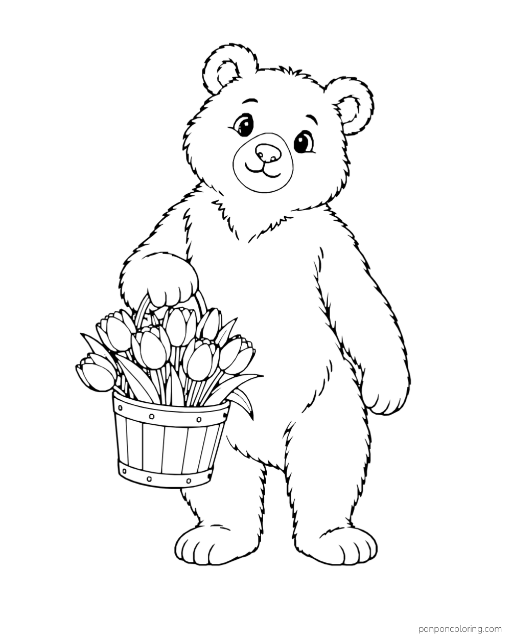 A standing bear holding a bucket packed with cut tulips.