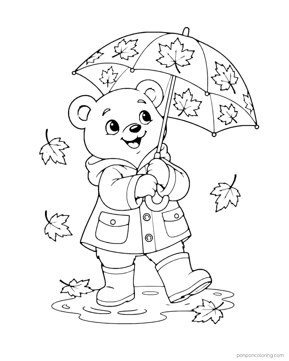 A bear in a raincoat and boots holds a maple-leaf umbrella over a puddle.