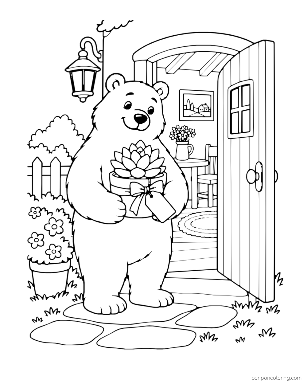 Bear holding a ribbon-tied succulent pot outside an open doorway.