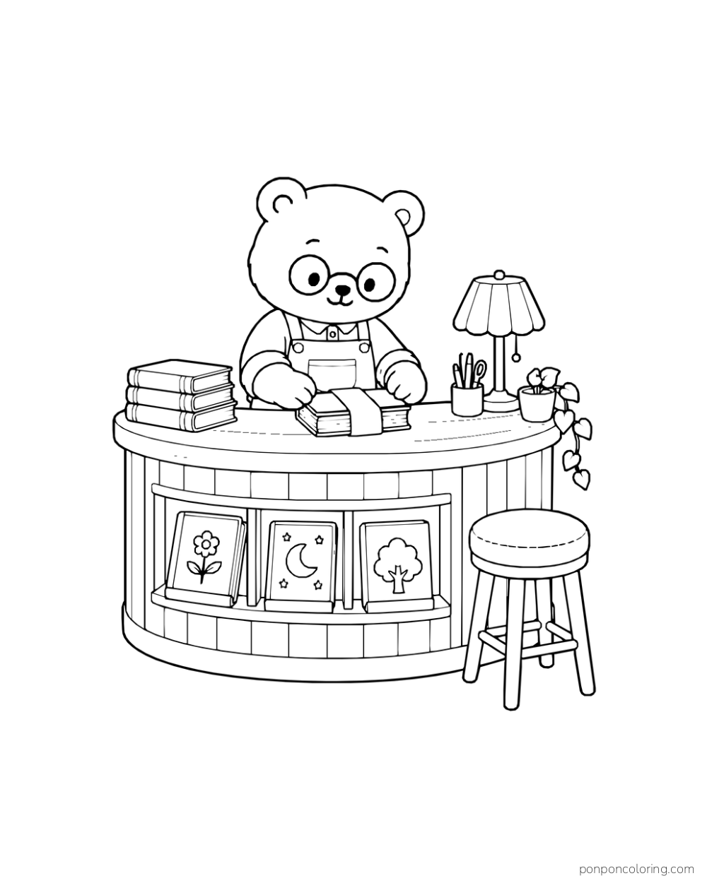 A bear wearing glasses wraps a book behind a rounded counter with stacked books, a lamp, a pencil cup, a plant, and three displayed book covers.
