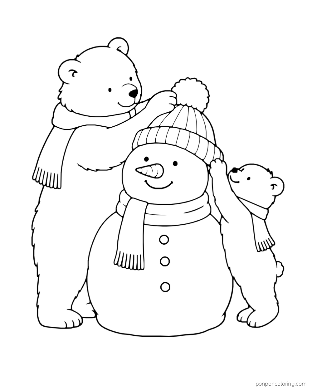 A bear and cub place a knitted hat on a snowman wearing a scarf.