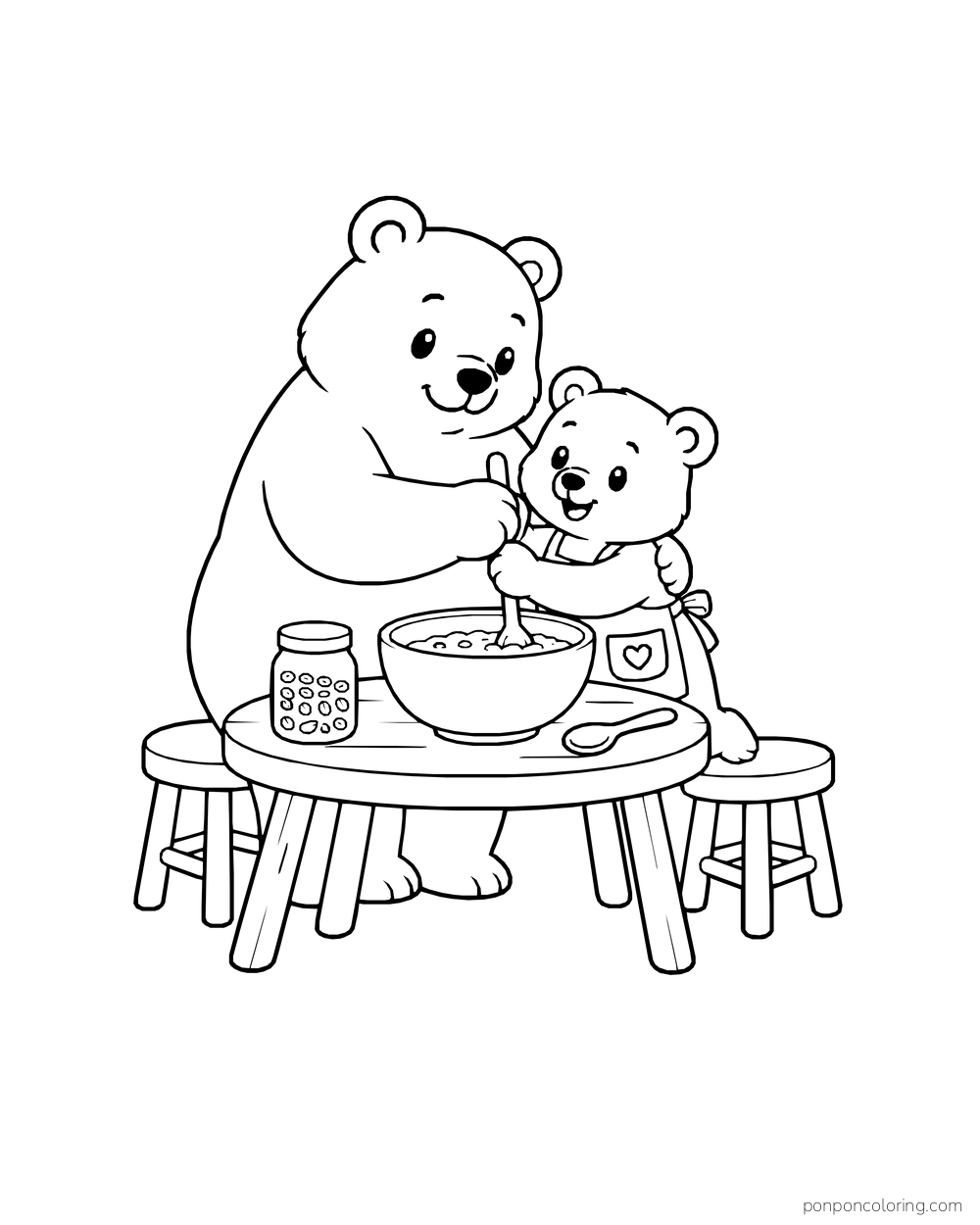 An adult bear and a cub stir a bowl at a round breakfast table, with a jar and spoon nearby.