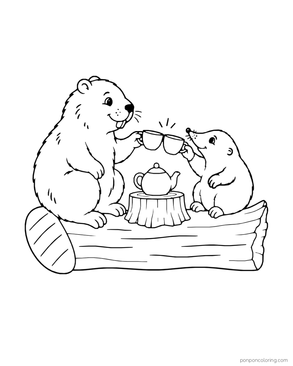 Beaver and mole raise their teacups beside a teapot on a log.