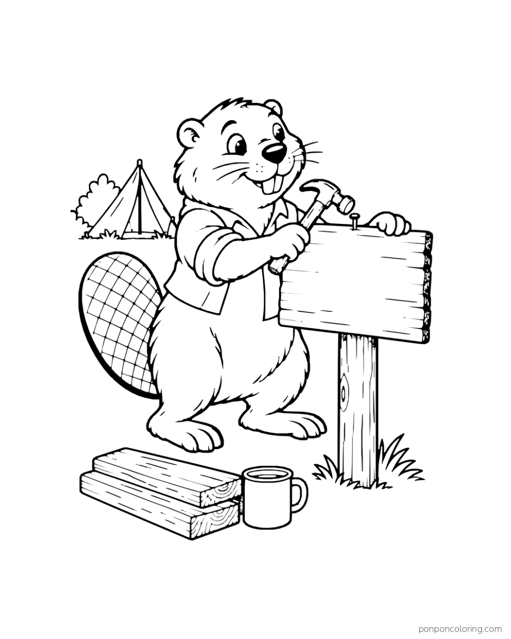 A beaver holds a hammer beside a nail at the top of a blank wooden camp sign.