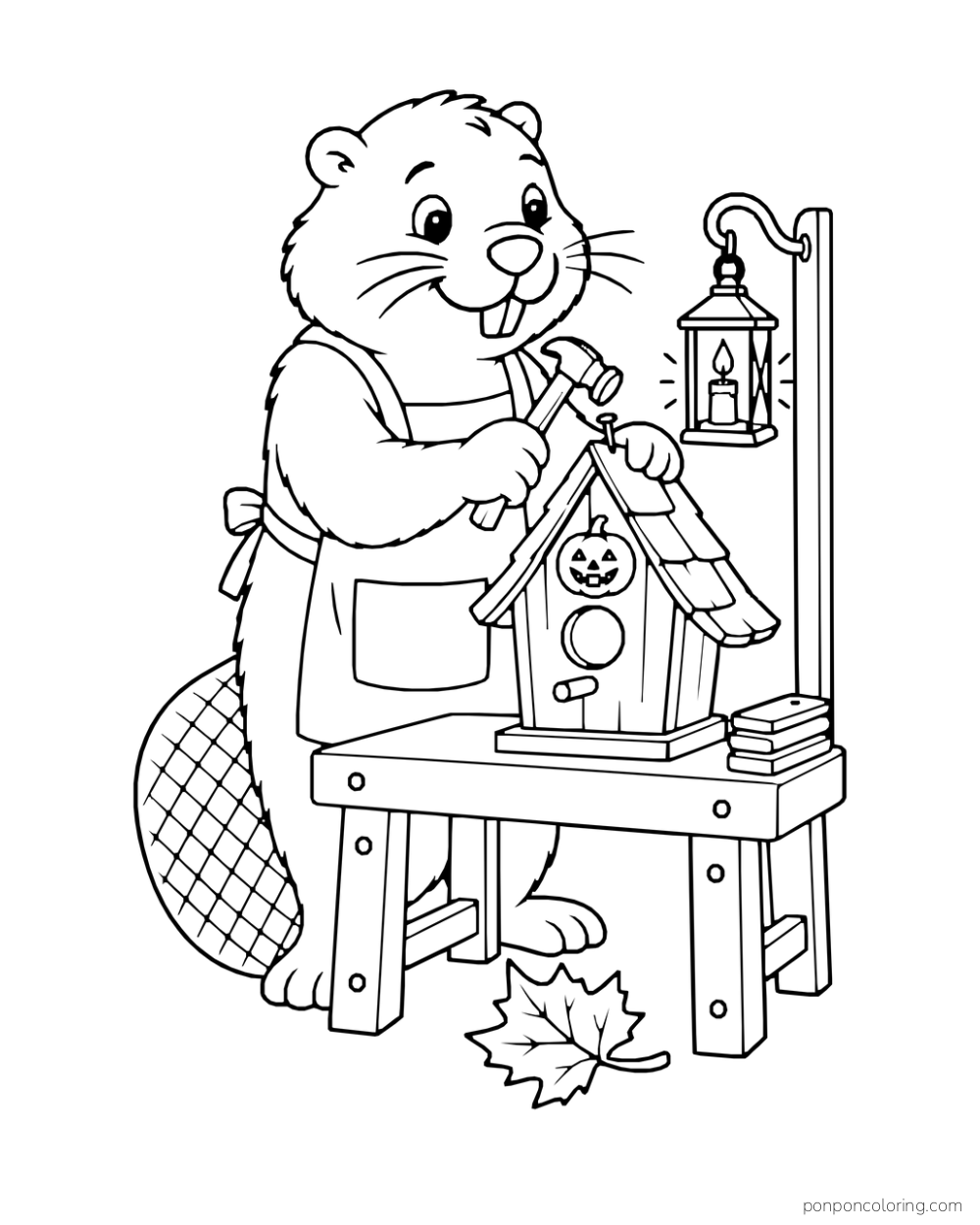 A beaver carpenter hammers one roof nail into a birdhouse with a little pumpkin emblem, beside a lantern and leaf.