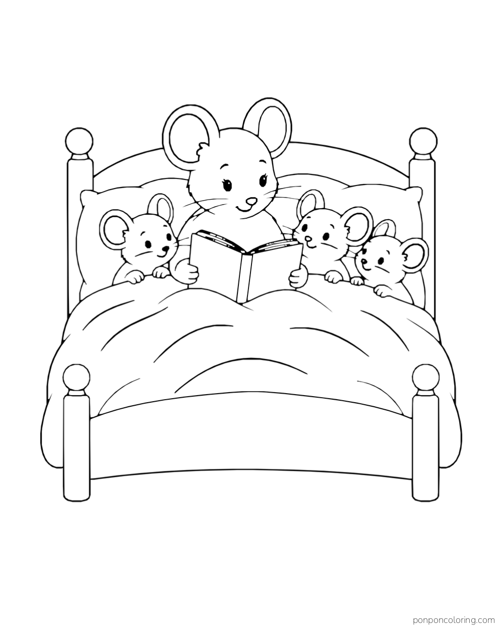 A mother mouse reads an open book to three little mice tucked into a bed.