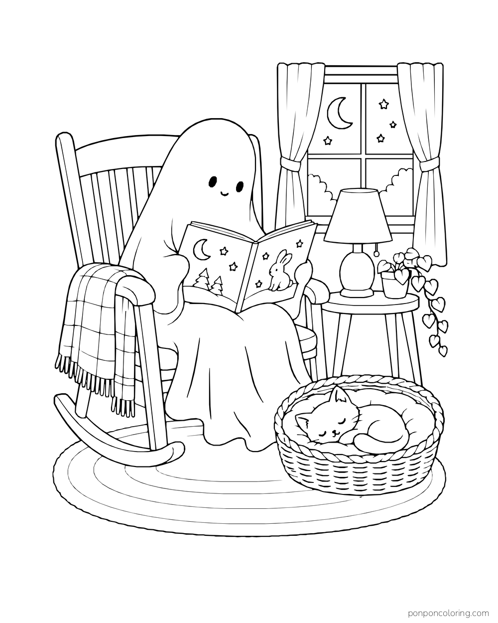 A ghost reads in a rocking chair beside a sleeping kitten in a basket and a curtained window.