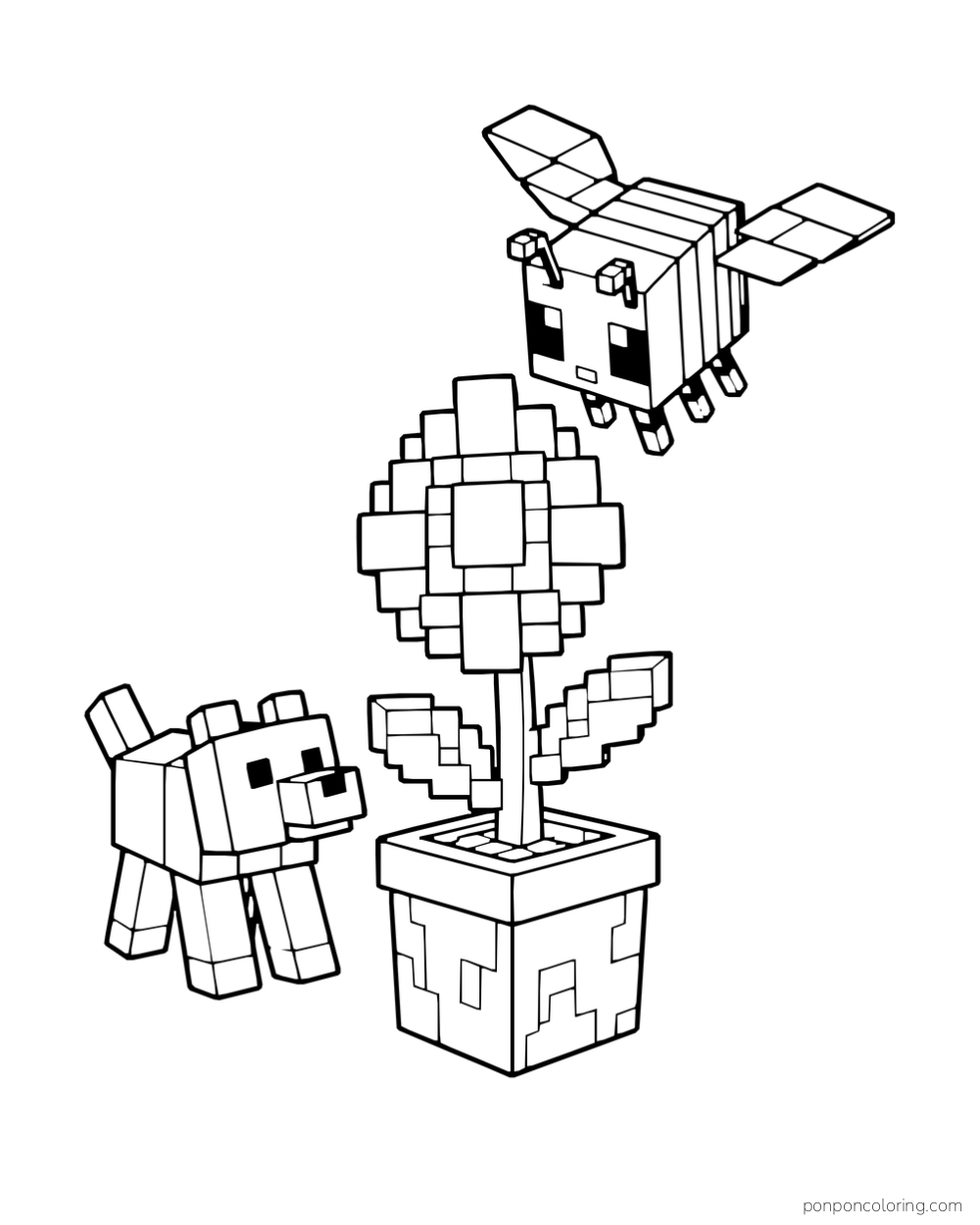A bee hovers above a potted blocky sunflower while a wolf watches.