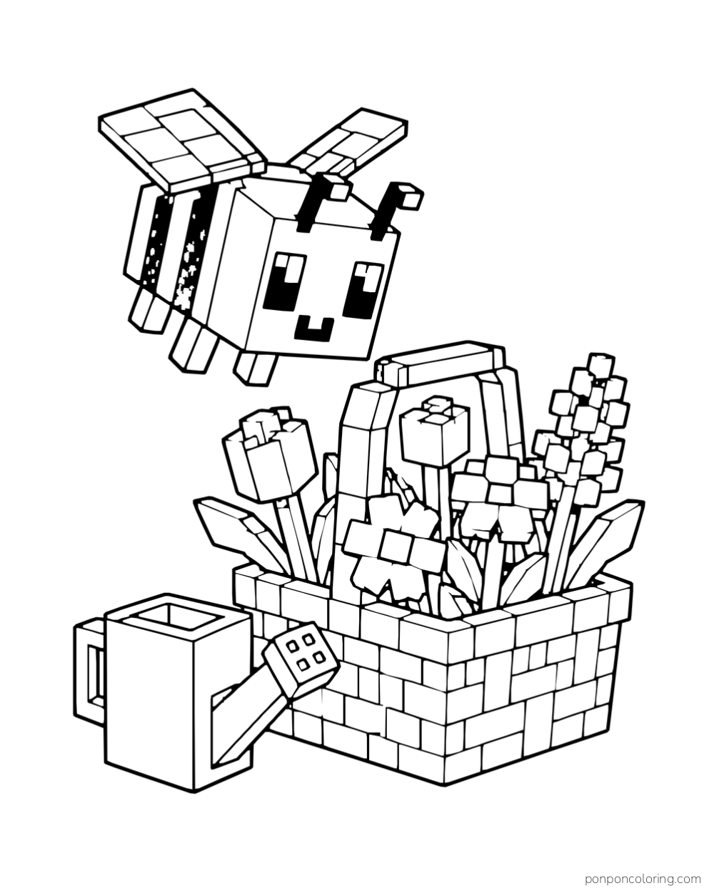 A Minecraft bee hovers above a basket of blocky flowers beside a watering can.