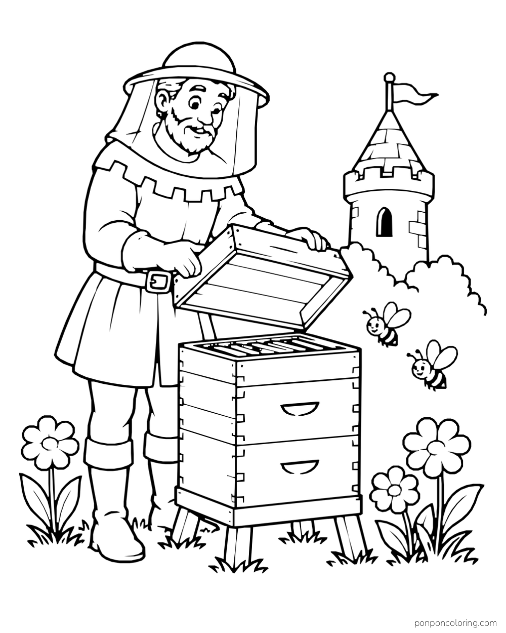 A beekeeper lifting the lid of a box hive among flowers, with two bees and a castle tower nearby.