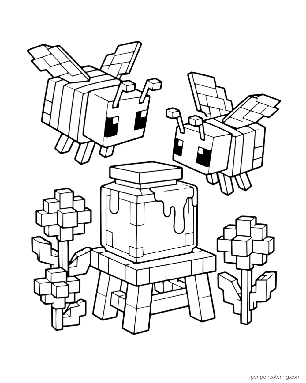 Two blocky bees hover above a honey jar on a stool surrounded by flowers.