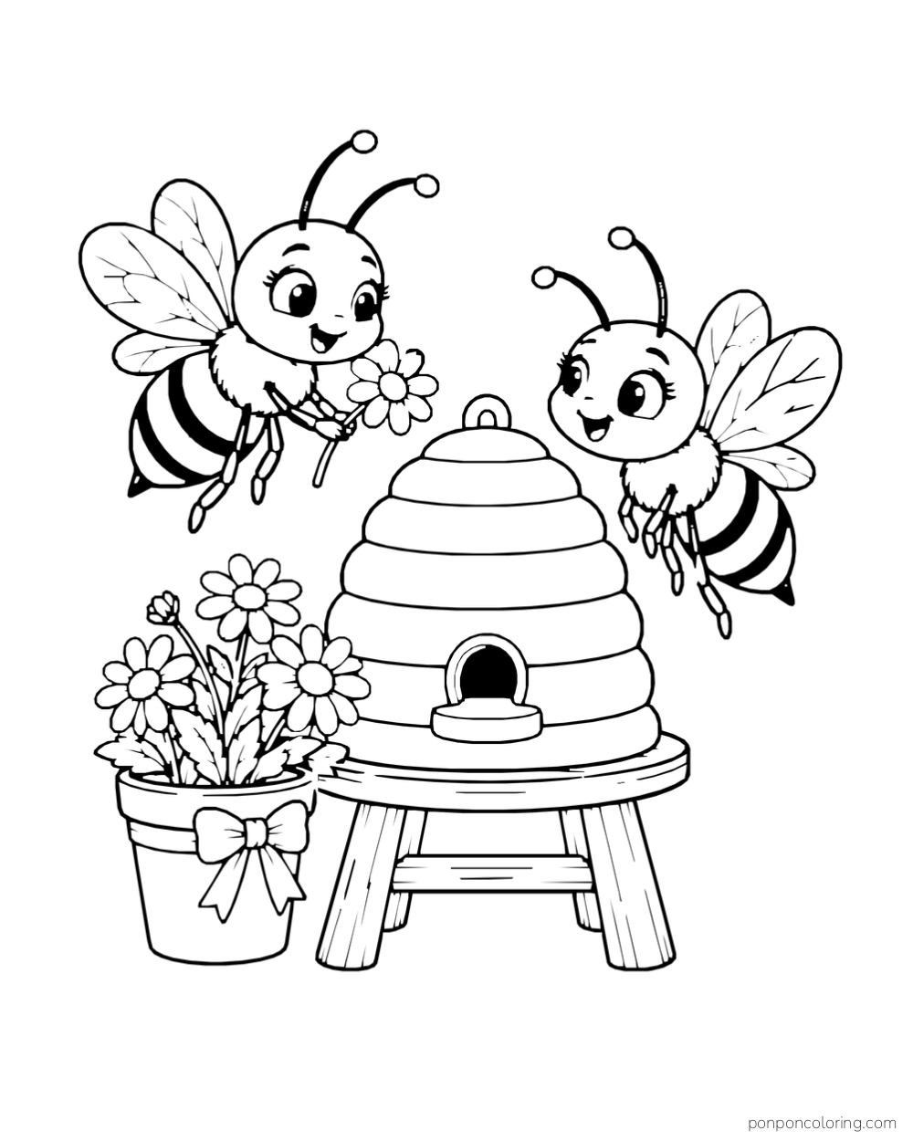 Two bees hover beside a bell-shaped hive on a stool and a pot of daisies.