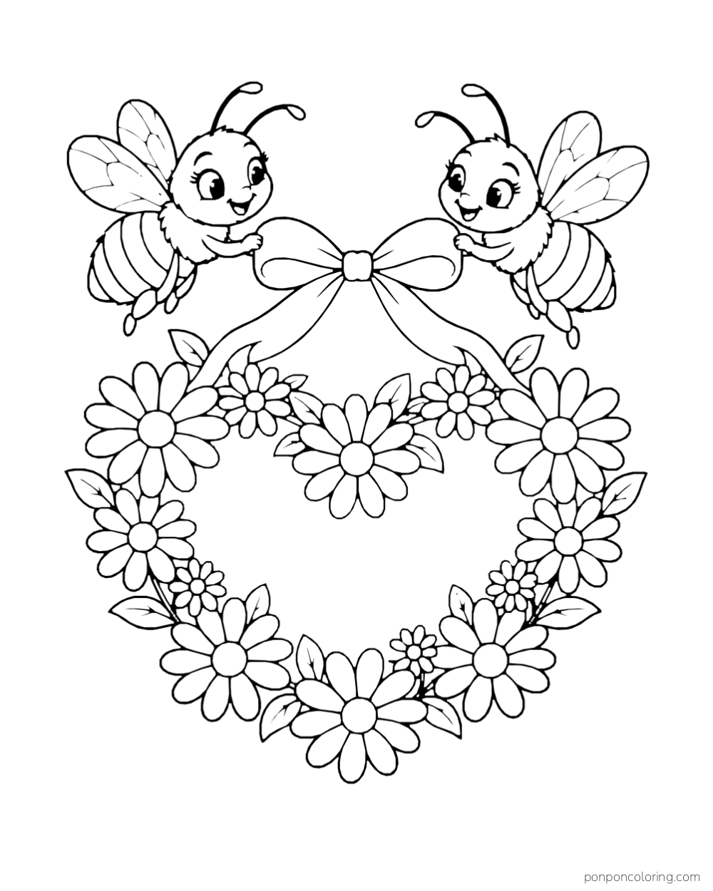 Two bees hold a ribbon bow above a heart-shaped daisy wreath.