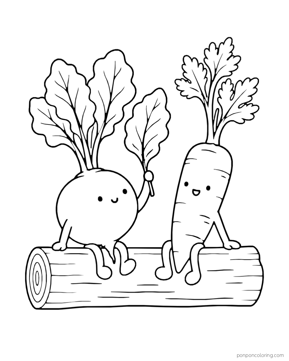 A beet holds a leaf while sitting beside a carrot on a log.