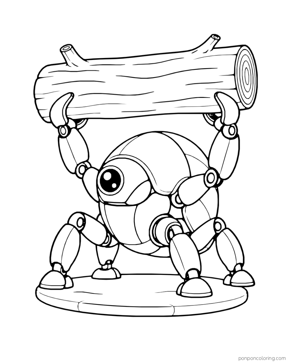 Beetle-shaped robot lifts a fallen log from a path.