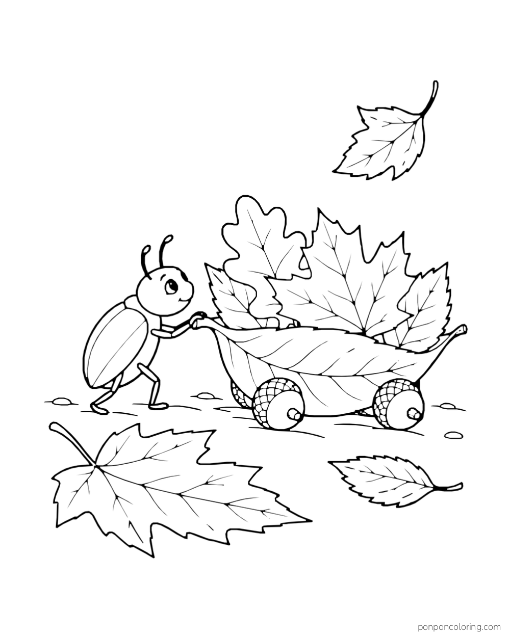 A beetle pulls a small wheeled cart piled with autumn leaves.