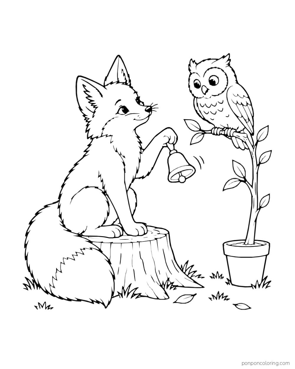 A fox rings a handbell while an owl watches from a potted branch.