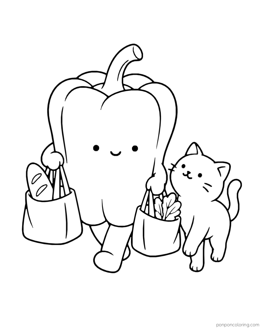 A bell pepper carries two grocery bags while walking beside a cat.