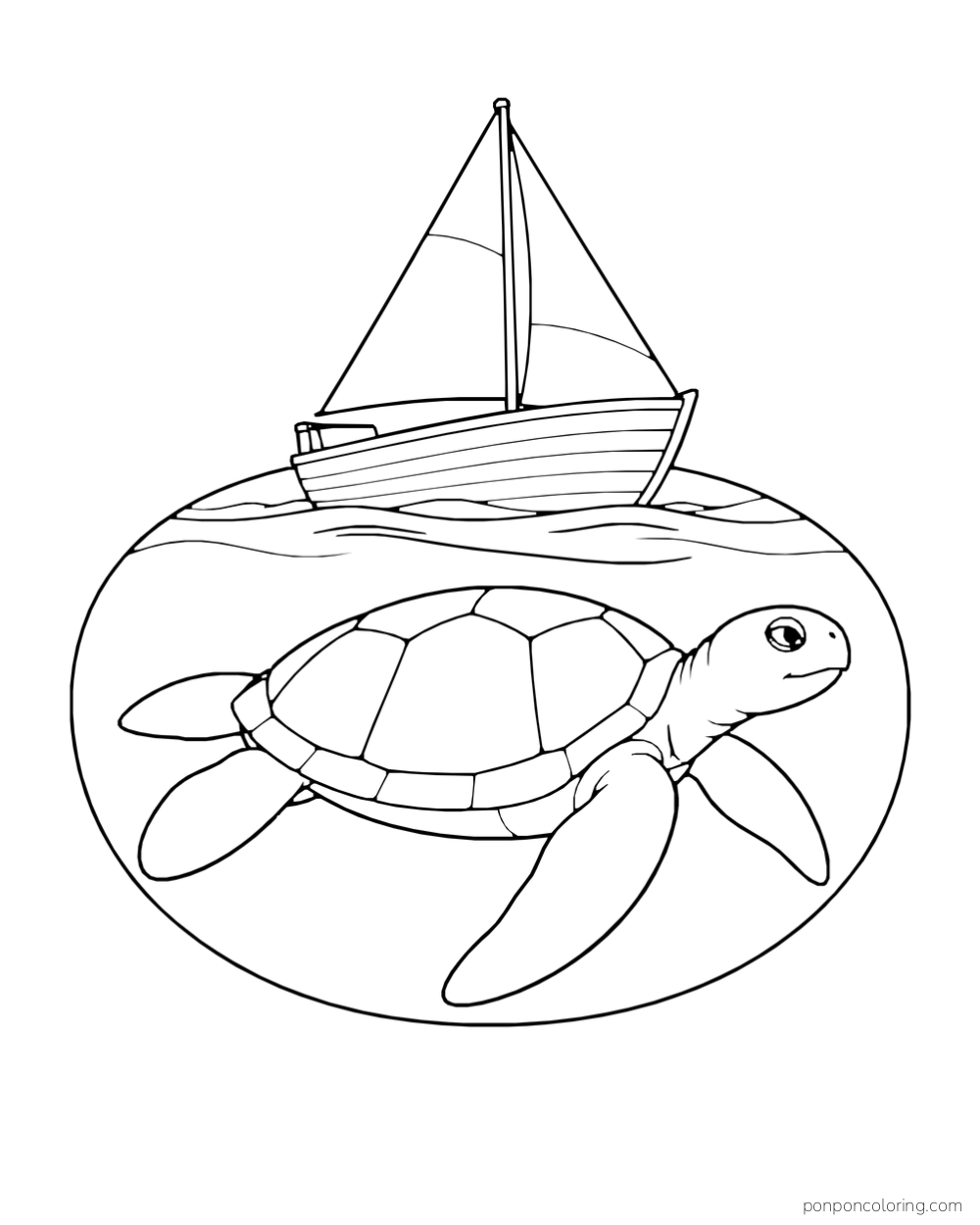 A sea turtle swims below a small sailboat and a curved waterline.