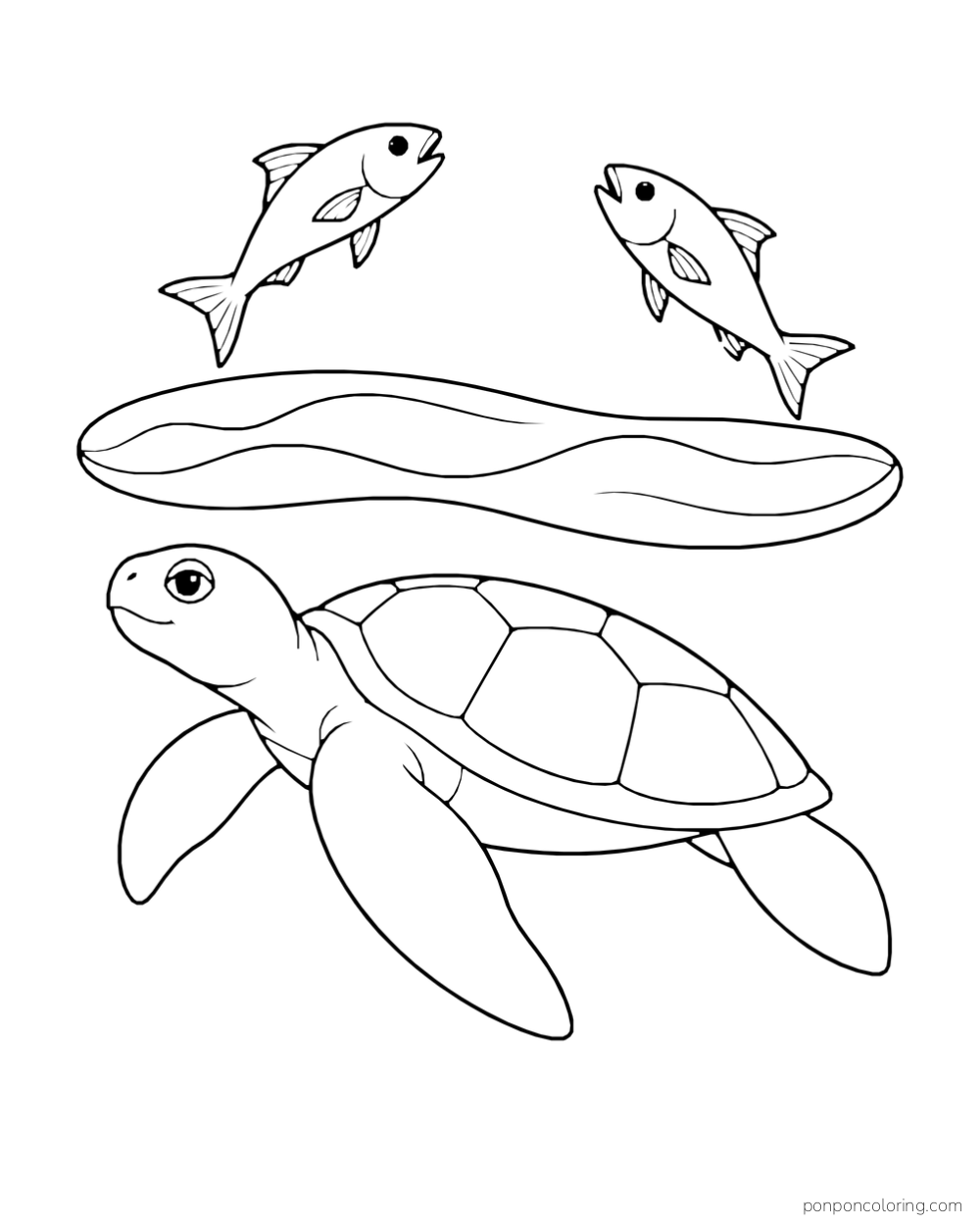 A sea turtle swims below a curved water band while two fish leap above it.
