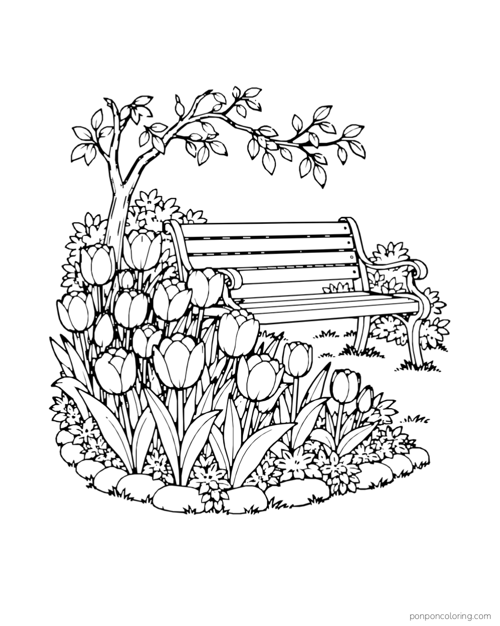 An empty park bench behind a generous tulip bed beneath a leafy branch.