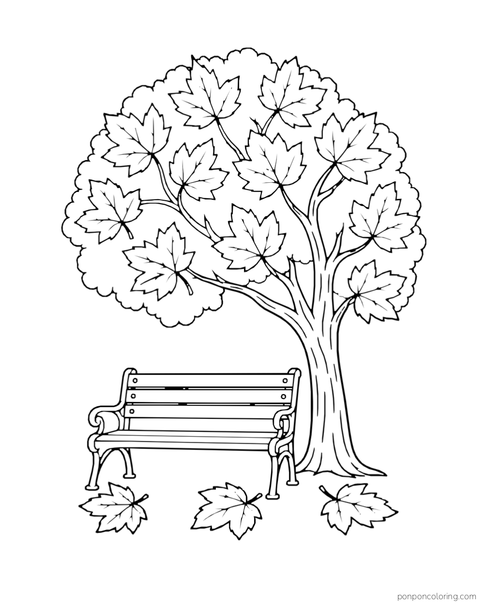 A small park bench stands beside a full leafy tree with fallen leaves below.
