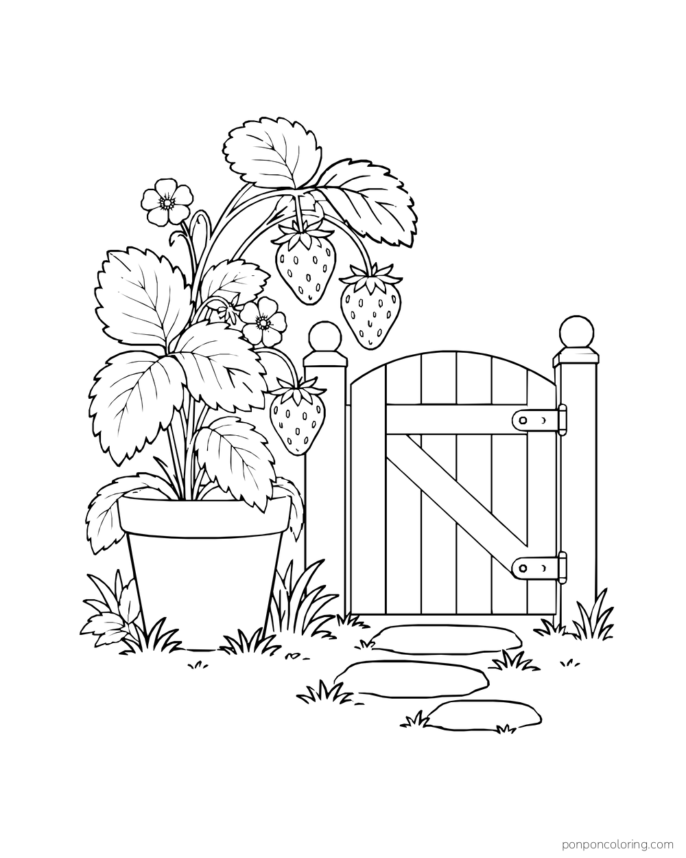 A potted strawberry plant stands beside a short closed garden gate and stepping stones.