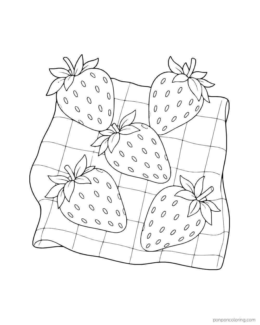 Five strawberries lie across a lightly checkered kitchen cloth.