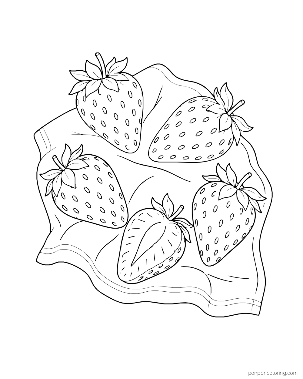 Five strawberries, including a cut half, rest on a gently folded cloth.