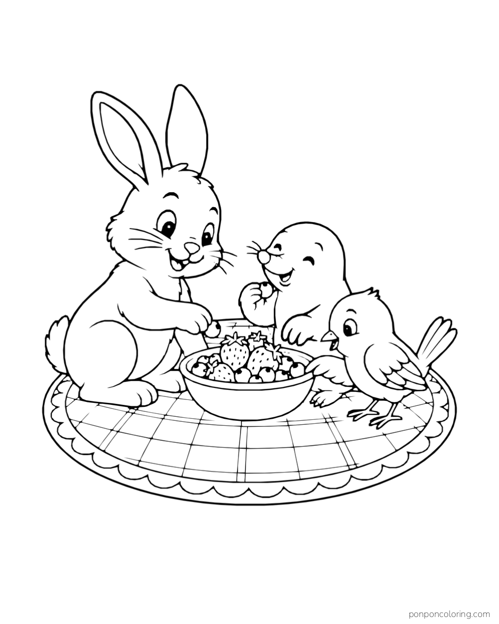 A rabbit, mole, and bird share a bowl of berries on a round cloth.