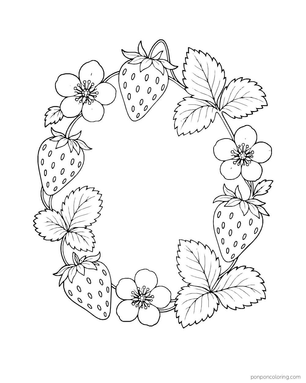 A loose wreath alternates strawberries, small blossoms and broad leaves around an open center.