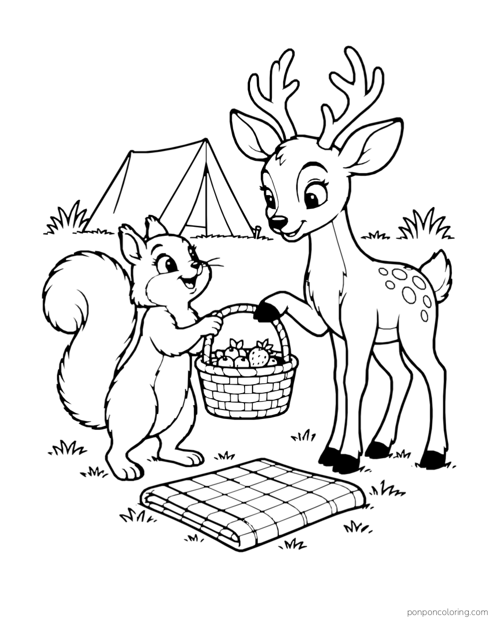 A squirrel hands a berry basket to a deer beside a picnic cloth.