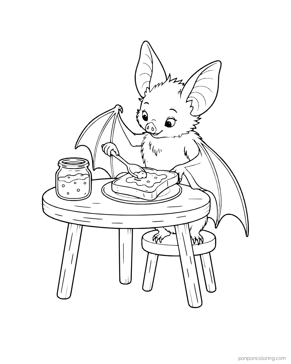 A bat spreads jam on toast at a little table with a jar and spoon.