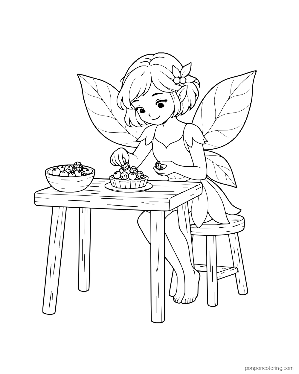 Fairy decorating a small berry tart at a table with a bowl of berries.