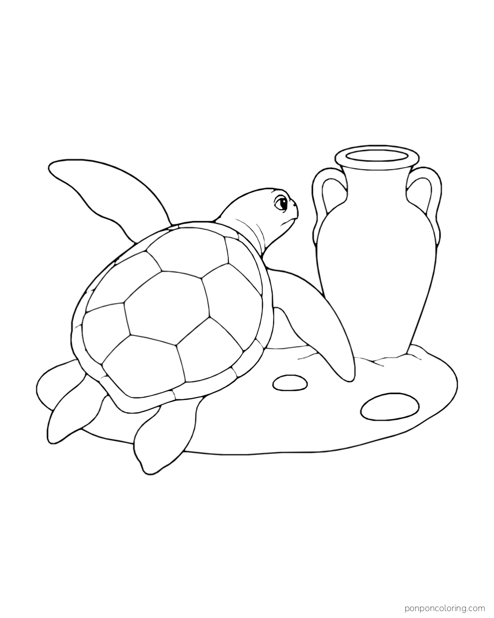 A sea turtle approaches a large upright two-handled jar on the seabed.