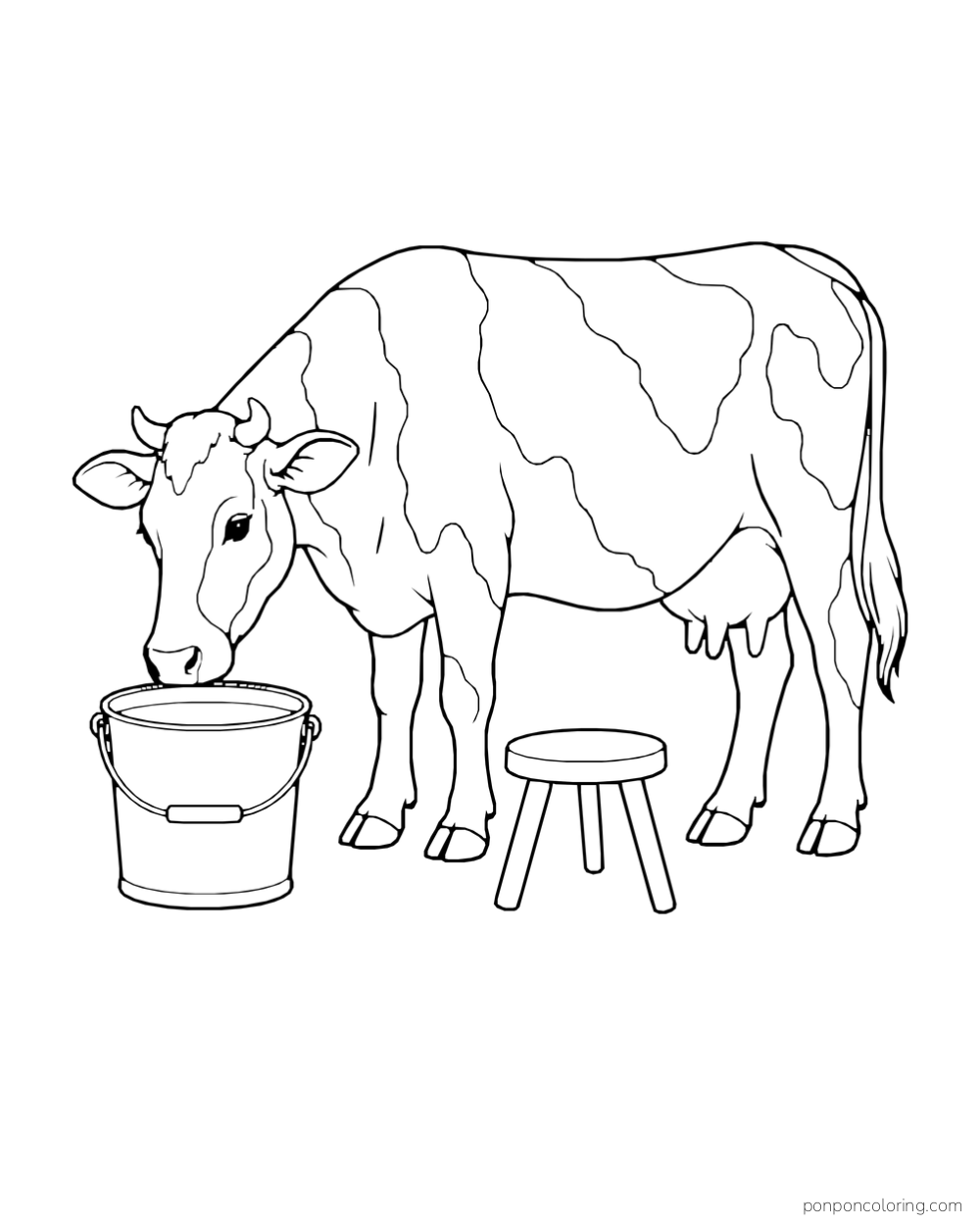 A cow lowers its muzzle toward a pail beside a small stool.