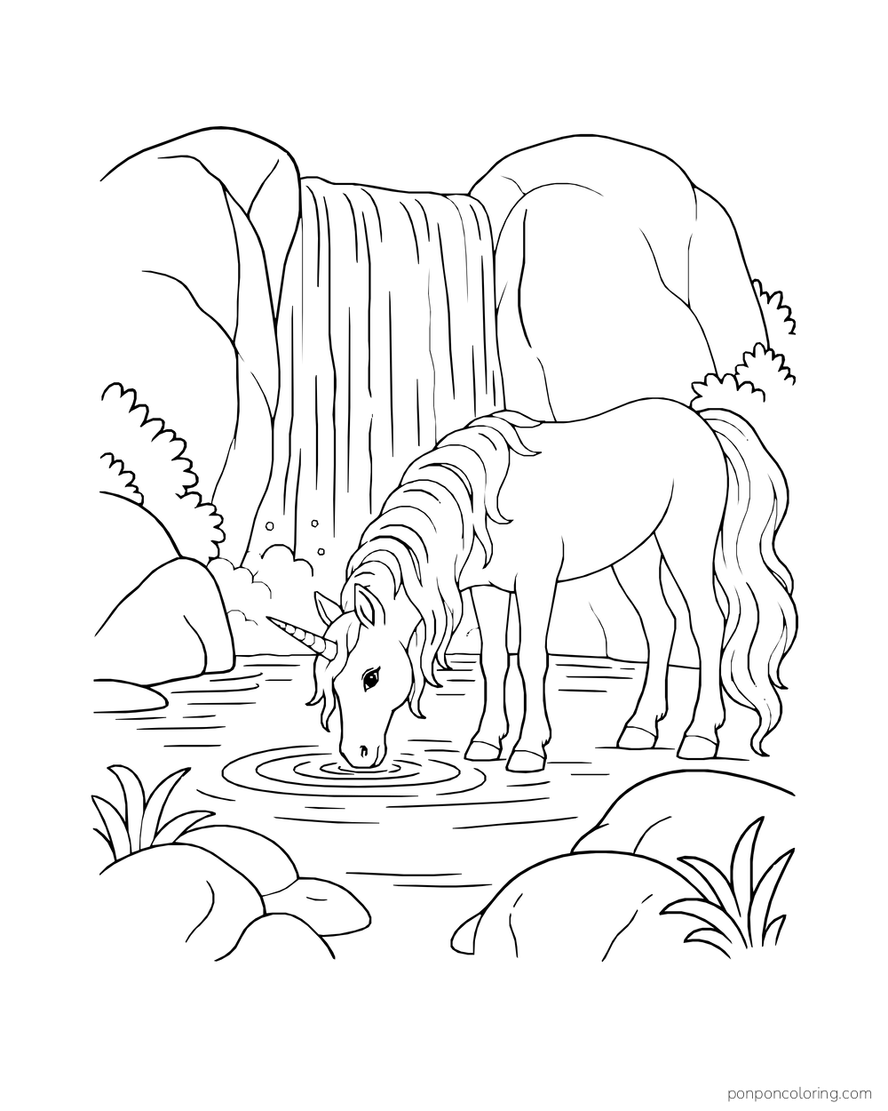 A unicorn drinks at a pool below a broad waterfall and rounded rocks.